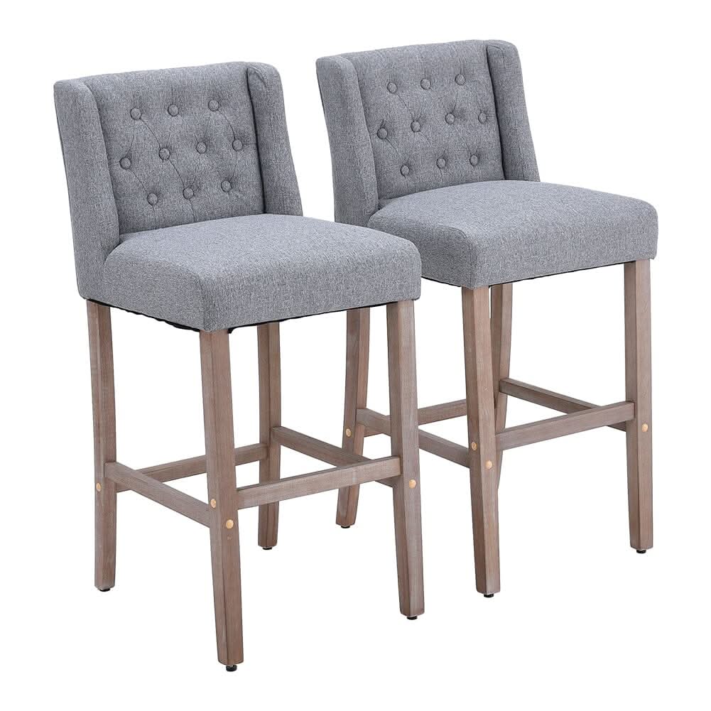 Set of 2 Hight Bar Stools Linen Upholstered with Wood Legs