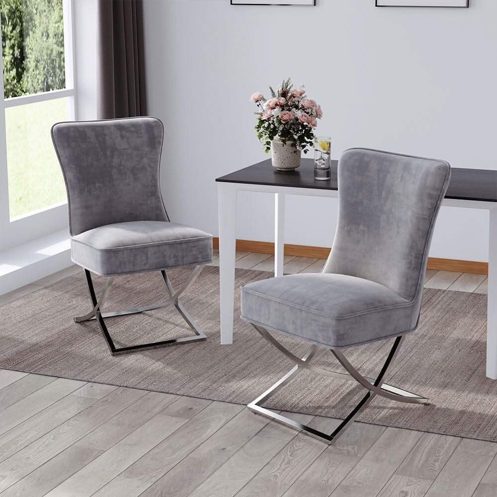 Set of 2 Beige High Back Dining Chairs with velvet Upholstered
