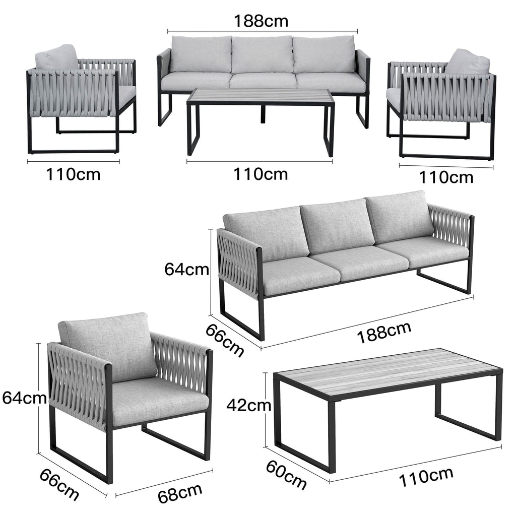 4 Piece Outdoor Garden Sofa Set with Rope Detailing and Sturdy Metal Frame