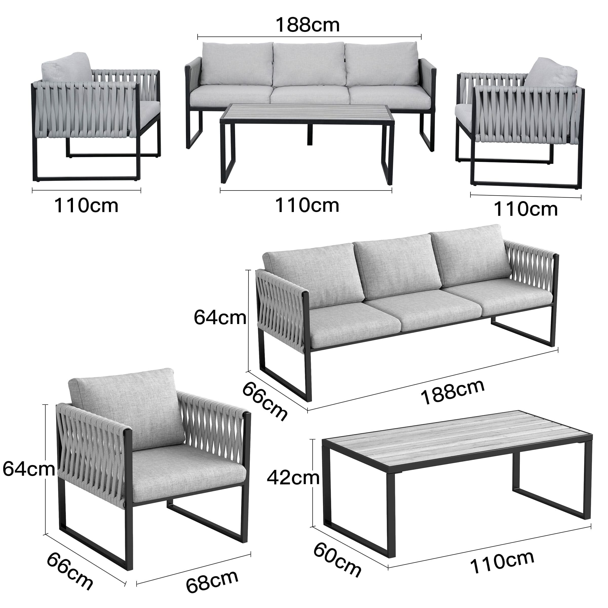 4 Piece Outdoor Garden Sofa Set with Rope Detailing and Sturdy Metal Frame