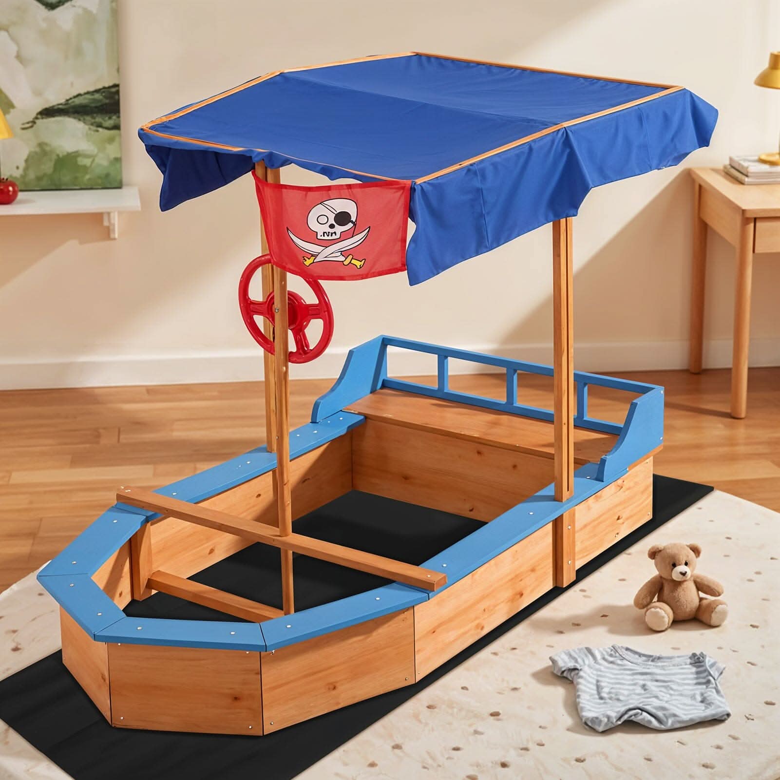 Kids Wooden Pirate Ship Sandbox with Canopy – Indoor & Outdoor Play Set