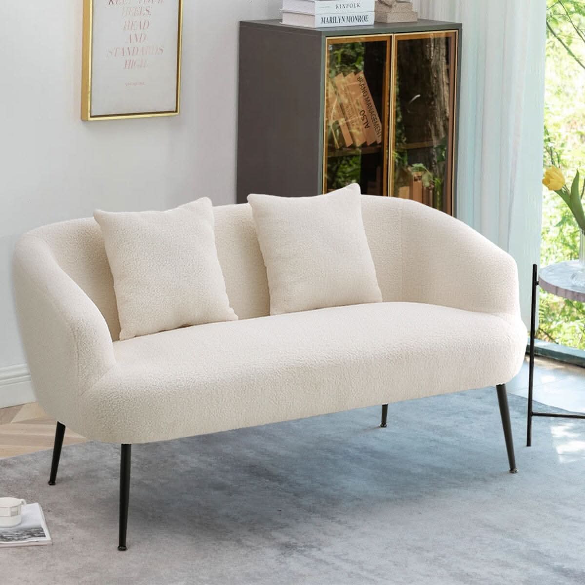 2 Seater Sofa White Teddy Fabric Loveseat with Metal Legs