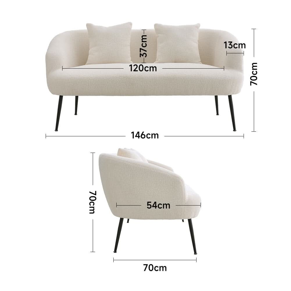 2 Seater Sofa White Teddy Fabric Loveseat with Metal Legs