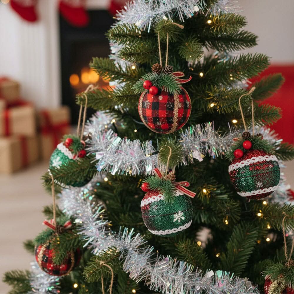 Plaid Fabric Ball Christmas Decoration 8cm