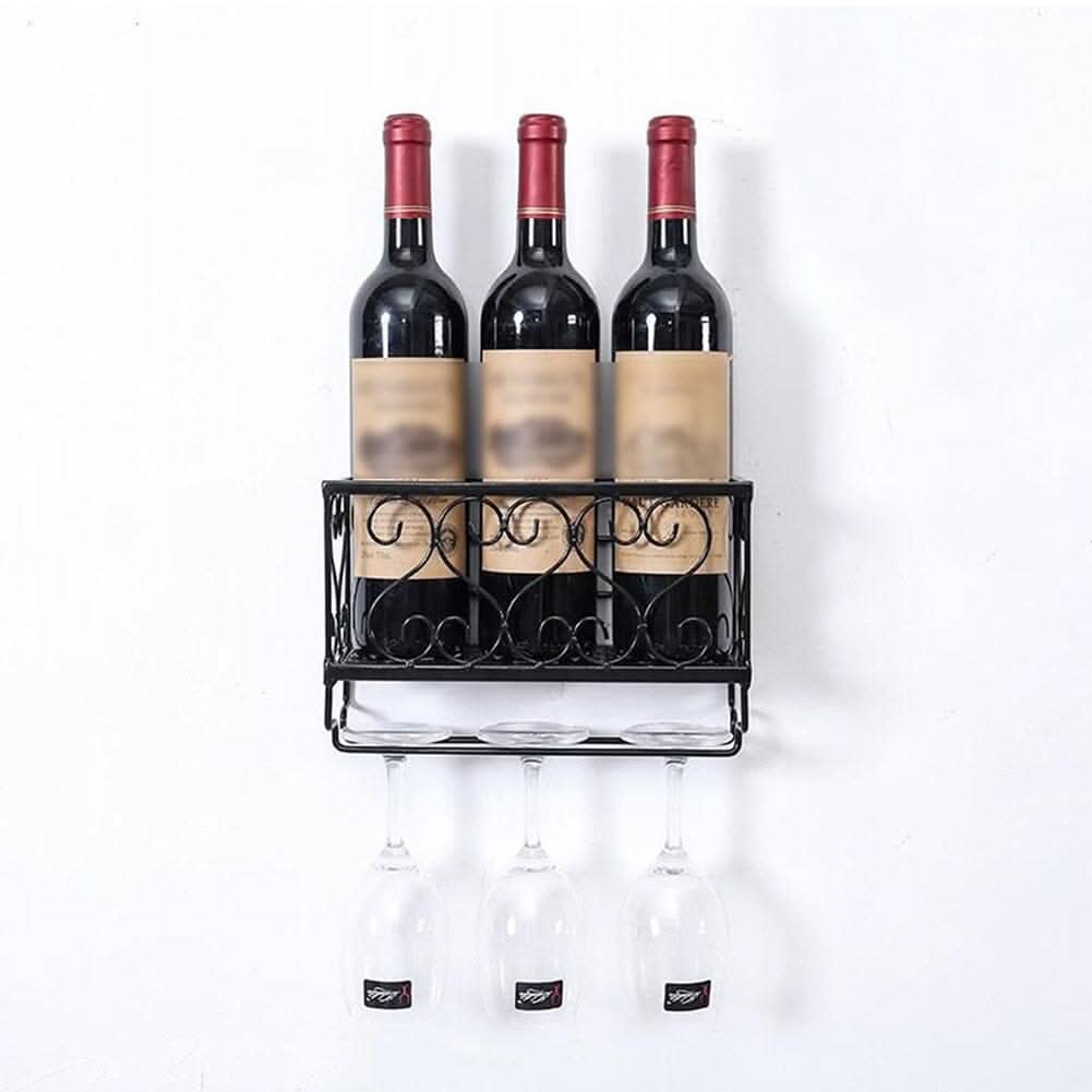 Black European Style Wall Mounted Wine And Glass Rack