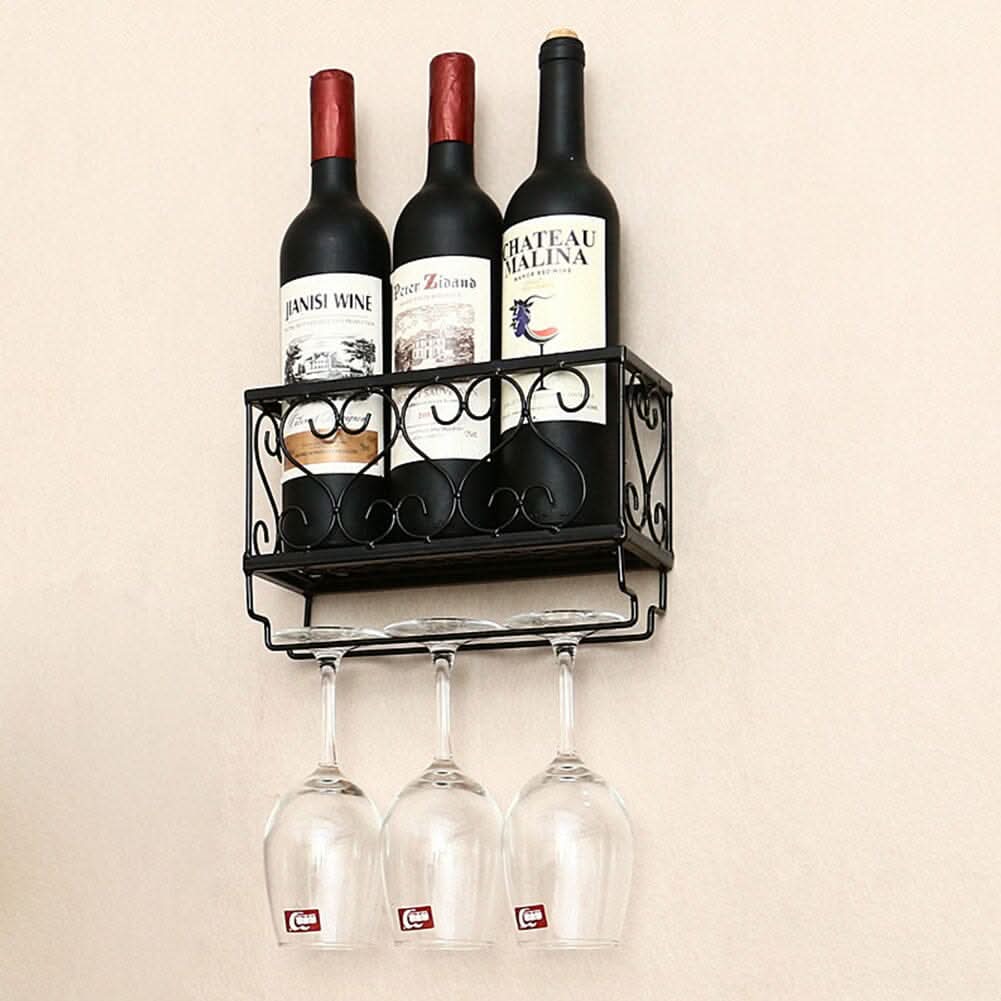 Black European Style Wall Mounted Wine And Glass Rack
