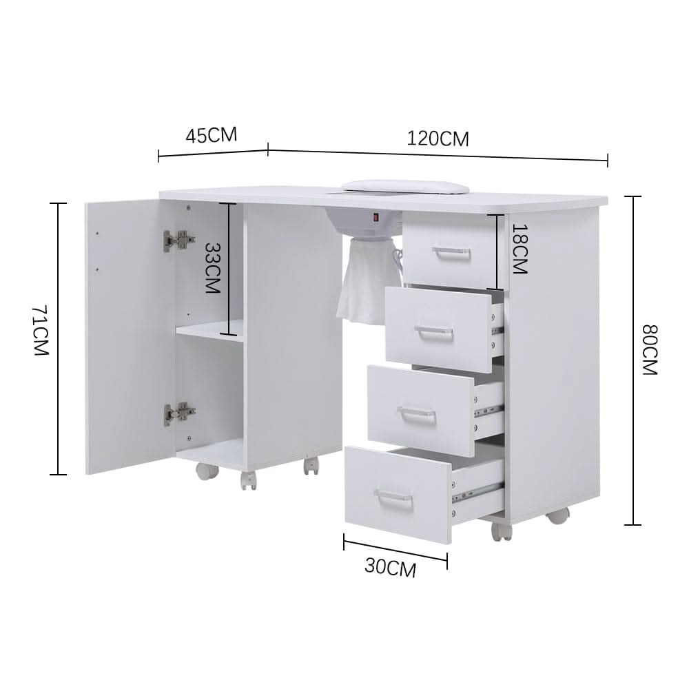 4ft Wide White Manicure Table with Dust Collector and Wrist Cushion