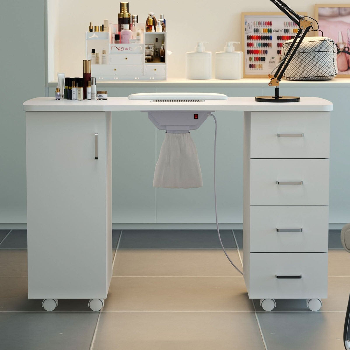 4ft Wide White Manicure Table with Dust Collector and Wrist Cushion