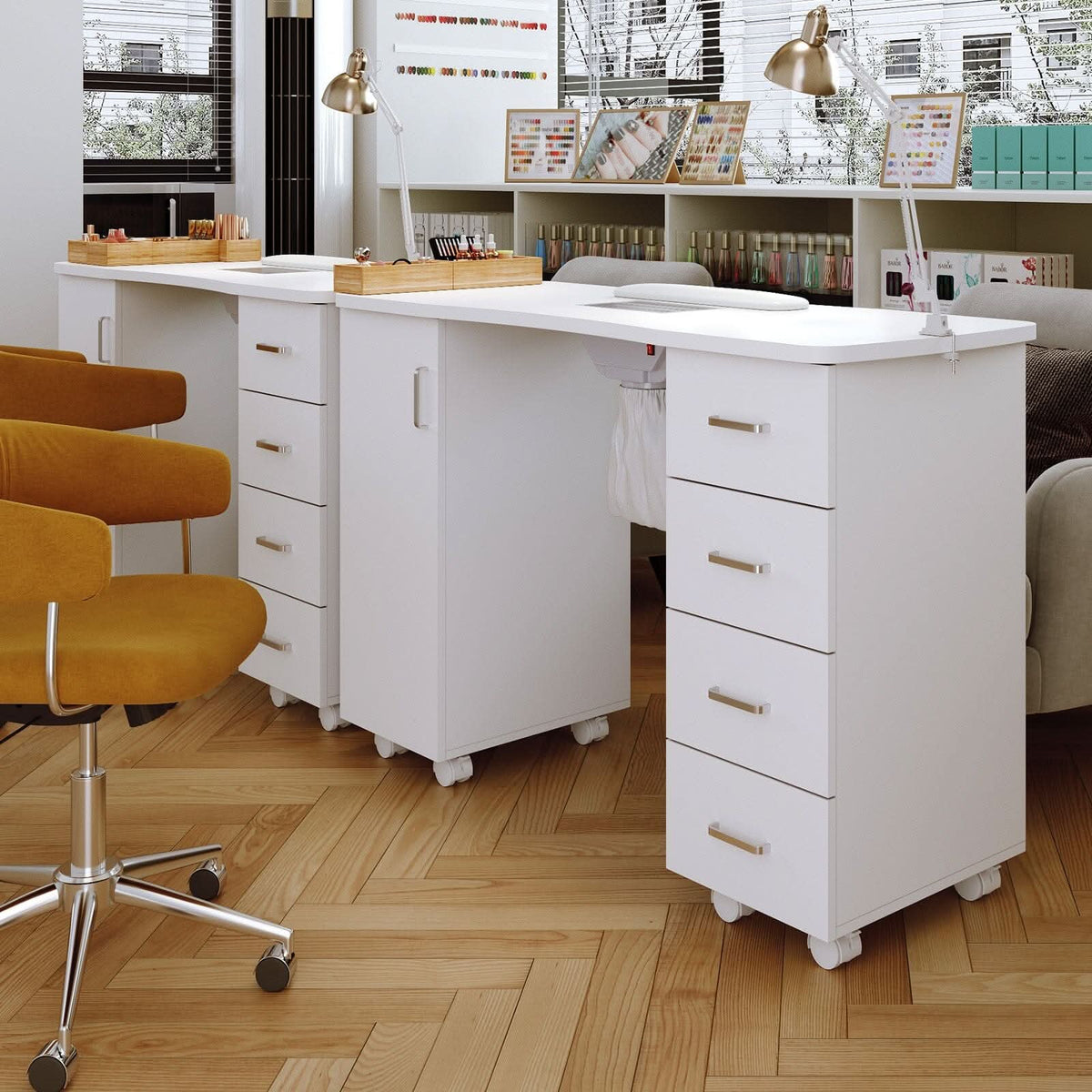 4ft Wide White Manicure Table with Dust Collector and Wrist Cushion