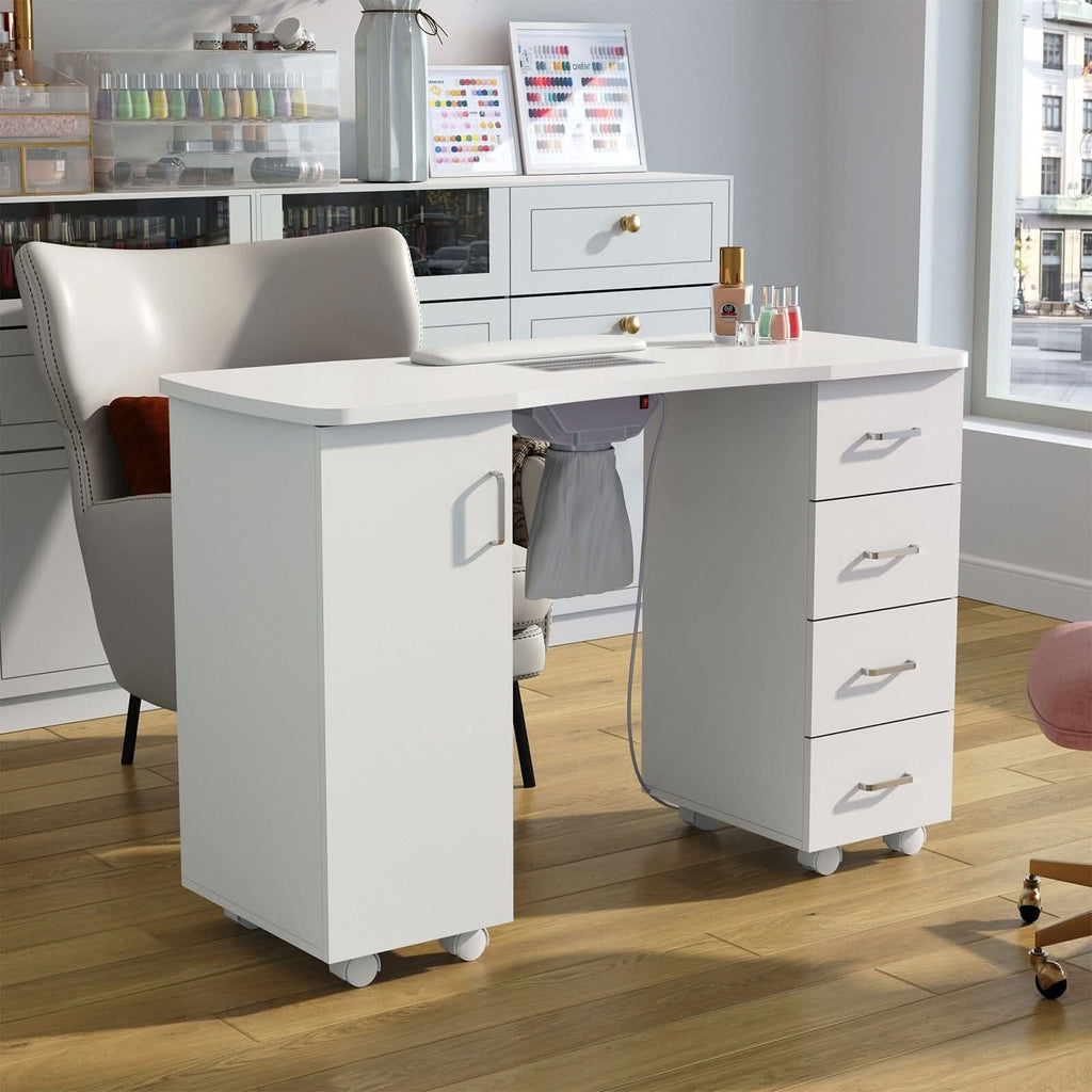 4ft Wide White Manicure Table with Dust Collector and Wrist Cushion