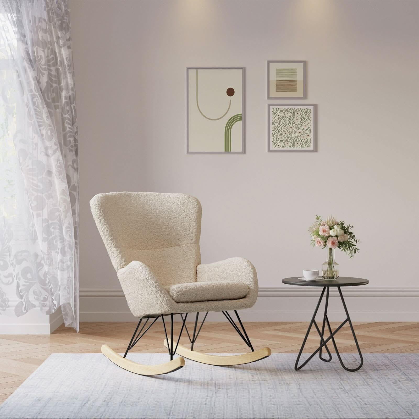 Modern Faux Wool Rocking Chair Upholstered Beige
