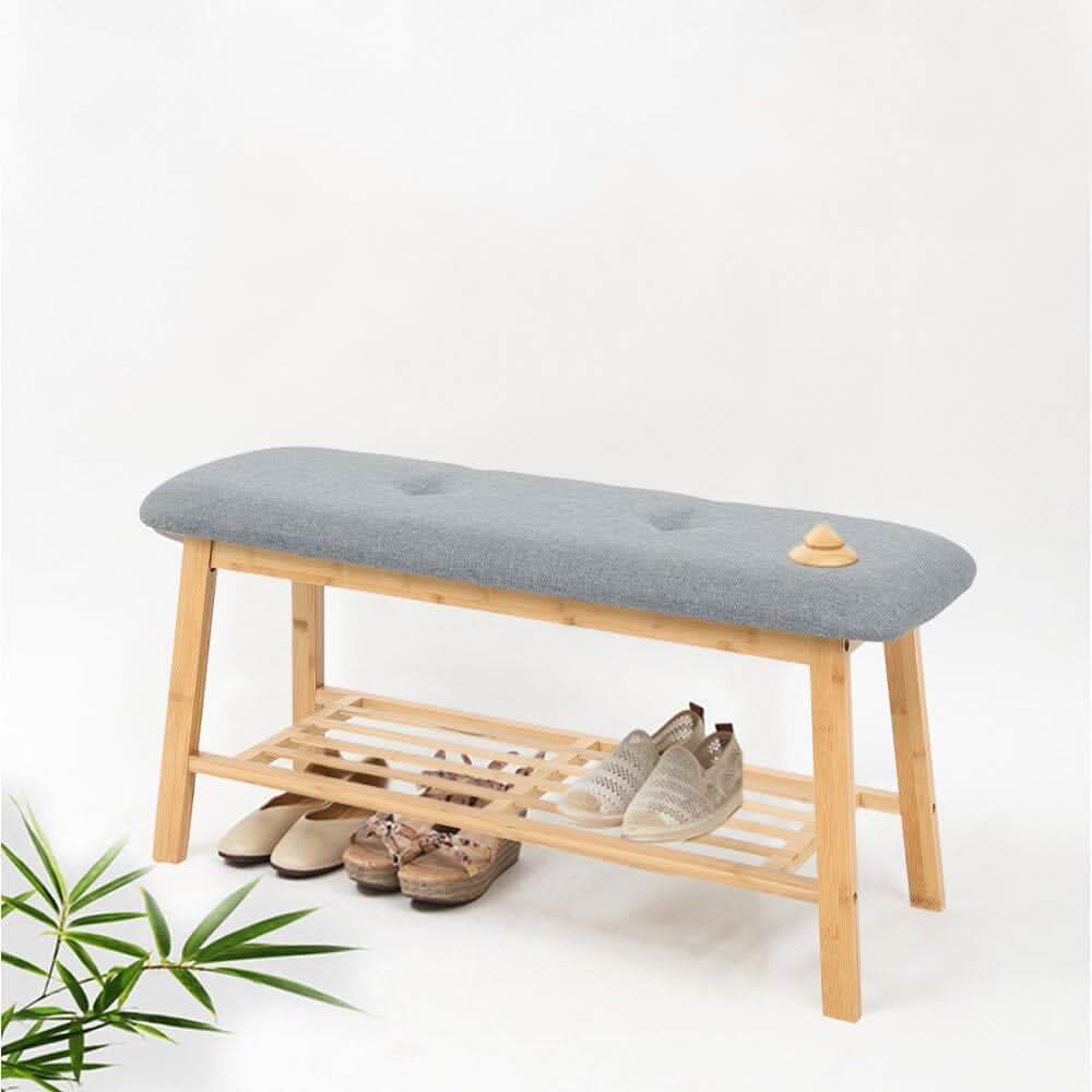 Natural Bamboo Shoe Bench With Grey Fabric Cushion Hallway Storage Organiser