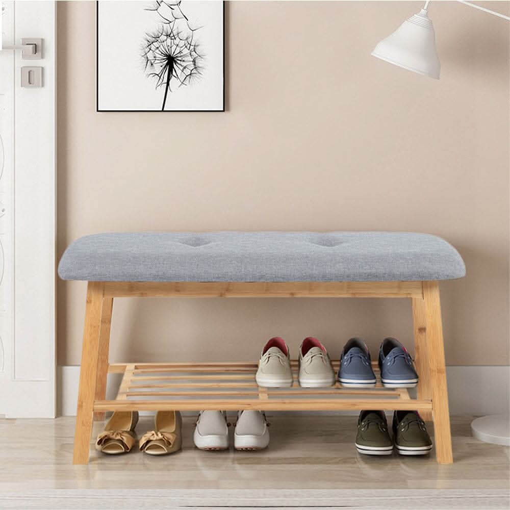 Natural Bamboo Shoe Bench With Grey Fabric Cushion Hallway Storage Organiser