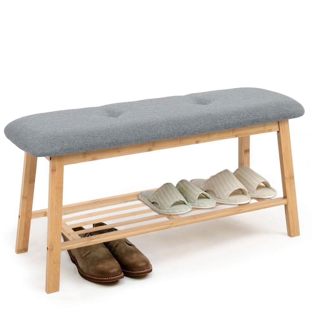 Natural Bamboo Shoe Bench With Grey Fabric Cushion Hallway Storage Organiser