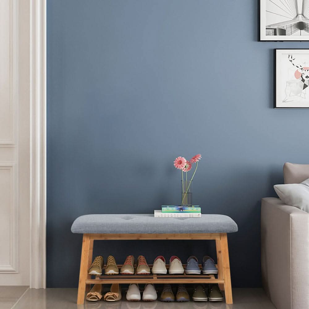 Natural Bamboo Shoe Bench With Grey Fabric Cushion Hallway Storage Organiser