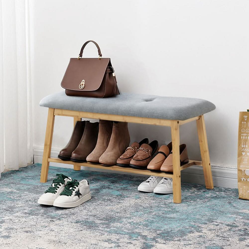 Natural Bamboo Shoe Bench With Grey Fabric Cushion Hallway Storage Organiser
