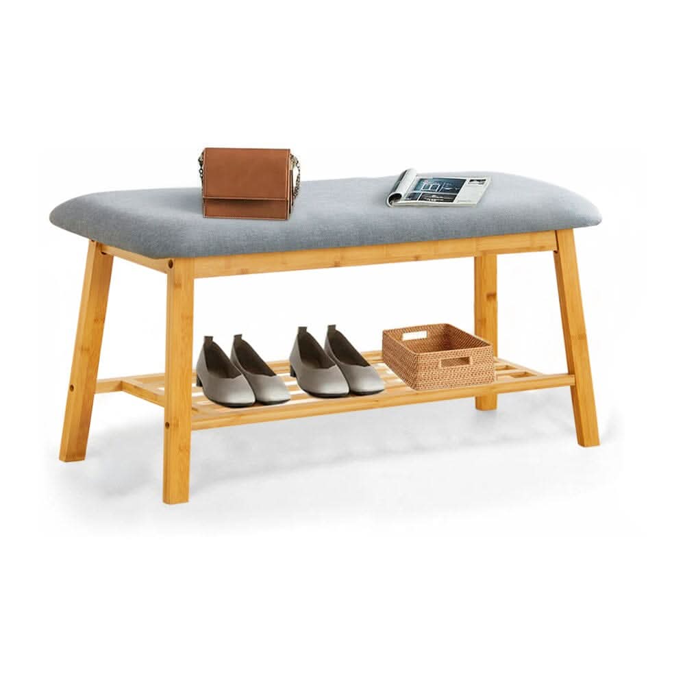 Natural Bamboo Shoe Bench With Grey Fabric Cushion Hallway Storage Organiser