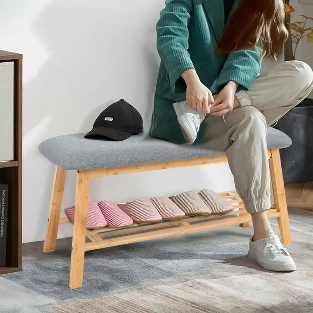 Natural Bamboo Shoe Bench With Grey Fabric Cushion Hallway Storage Organiser