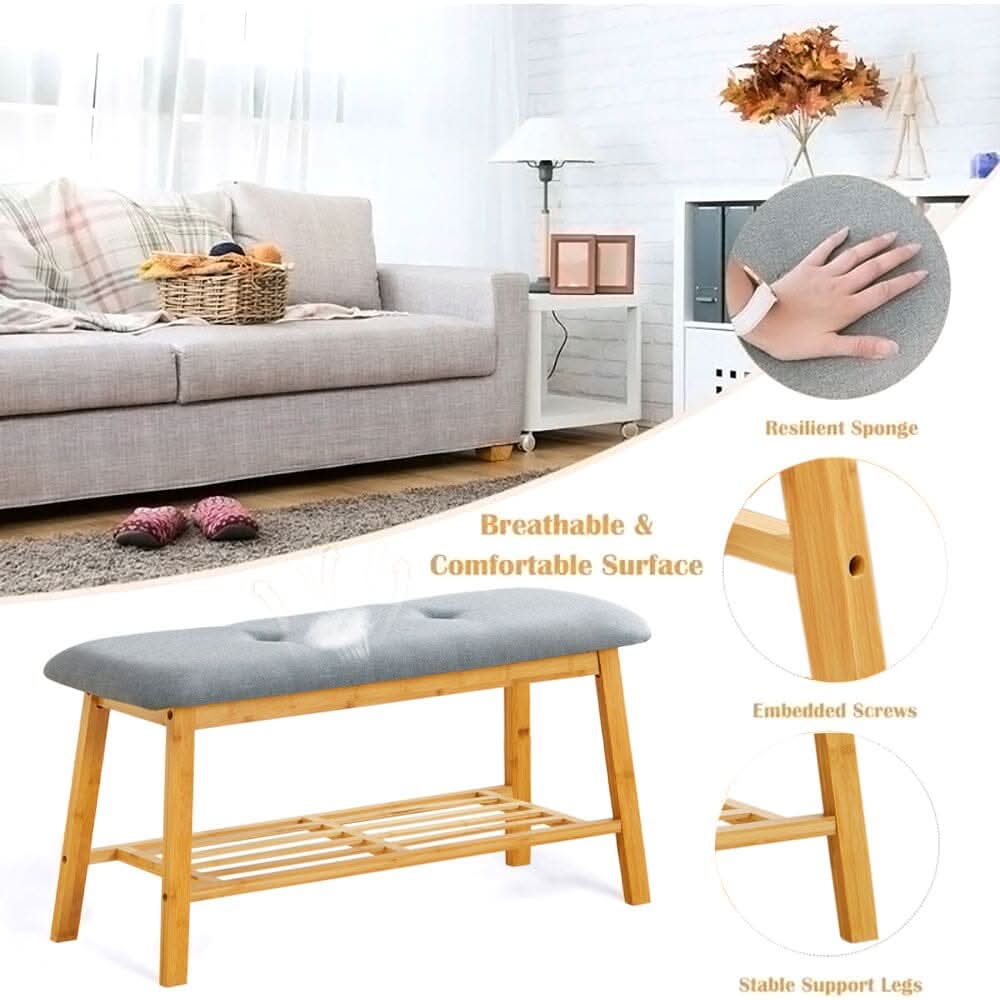 Natural Bamboo Shoe Bench With Grey Fabric Cushion Hallway Storage Organiser