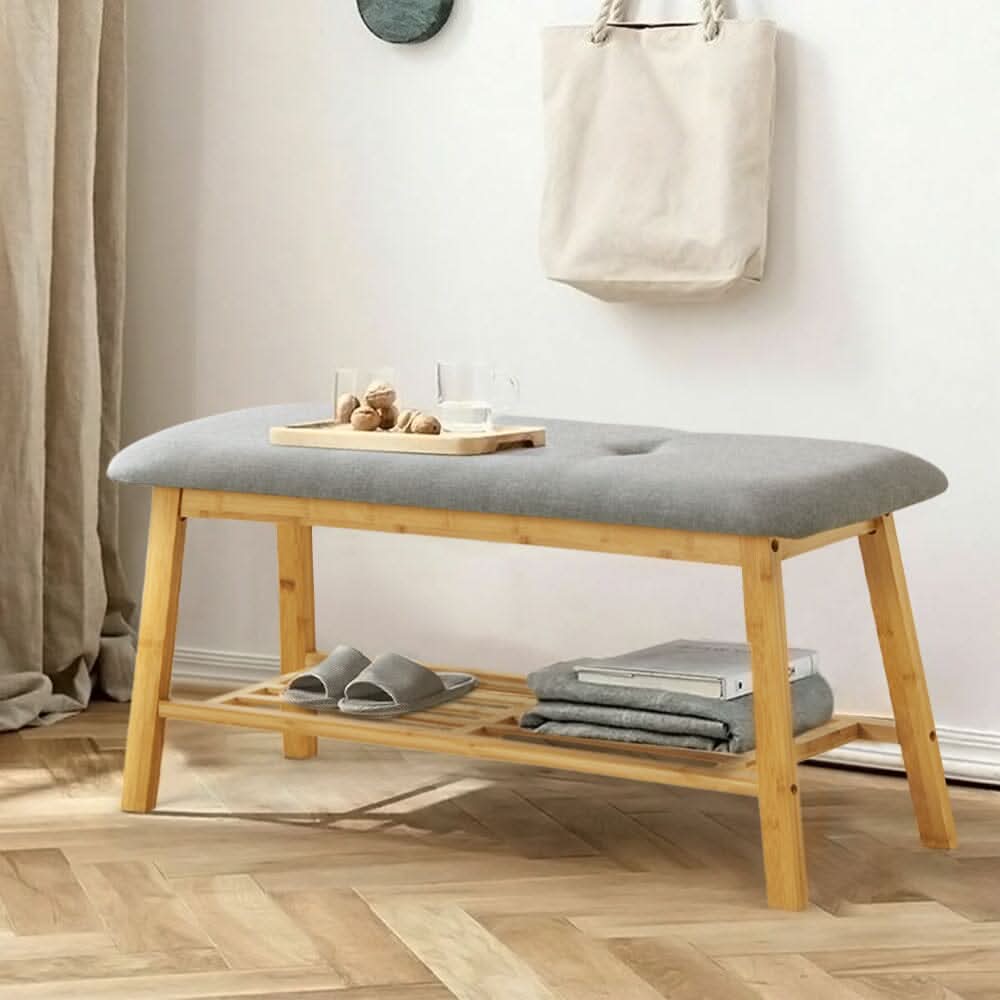 Natural Bamboo Shoe Bench With Grey Fabric Cushion Hallway Storage Organiser