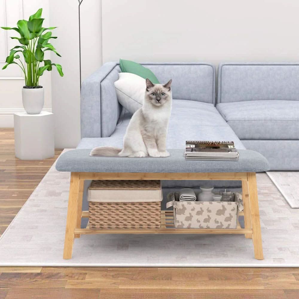Natural Bamboo Shoe Bench With Grey Fabric Cushion Hallway Storage Organiser