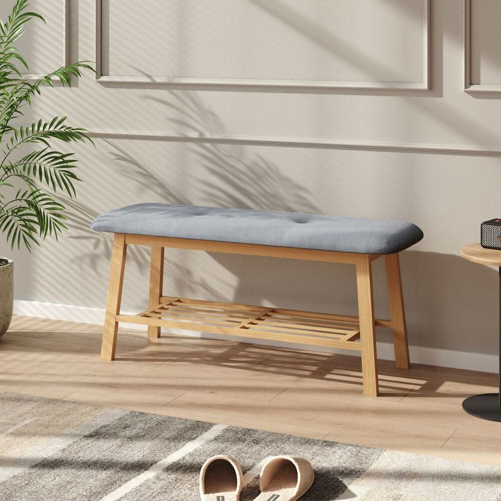 Natural Bamboo Shoe Bench With Grey Fabric Cushion Hallway Storage Organiser