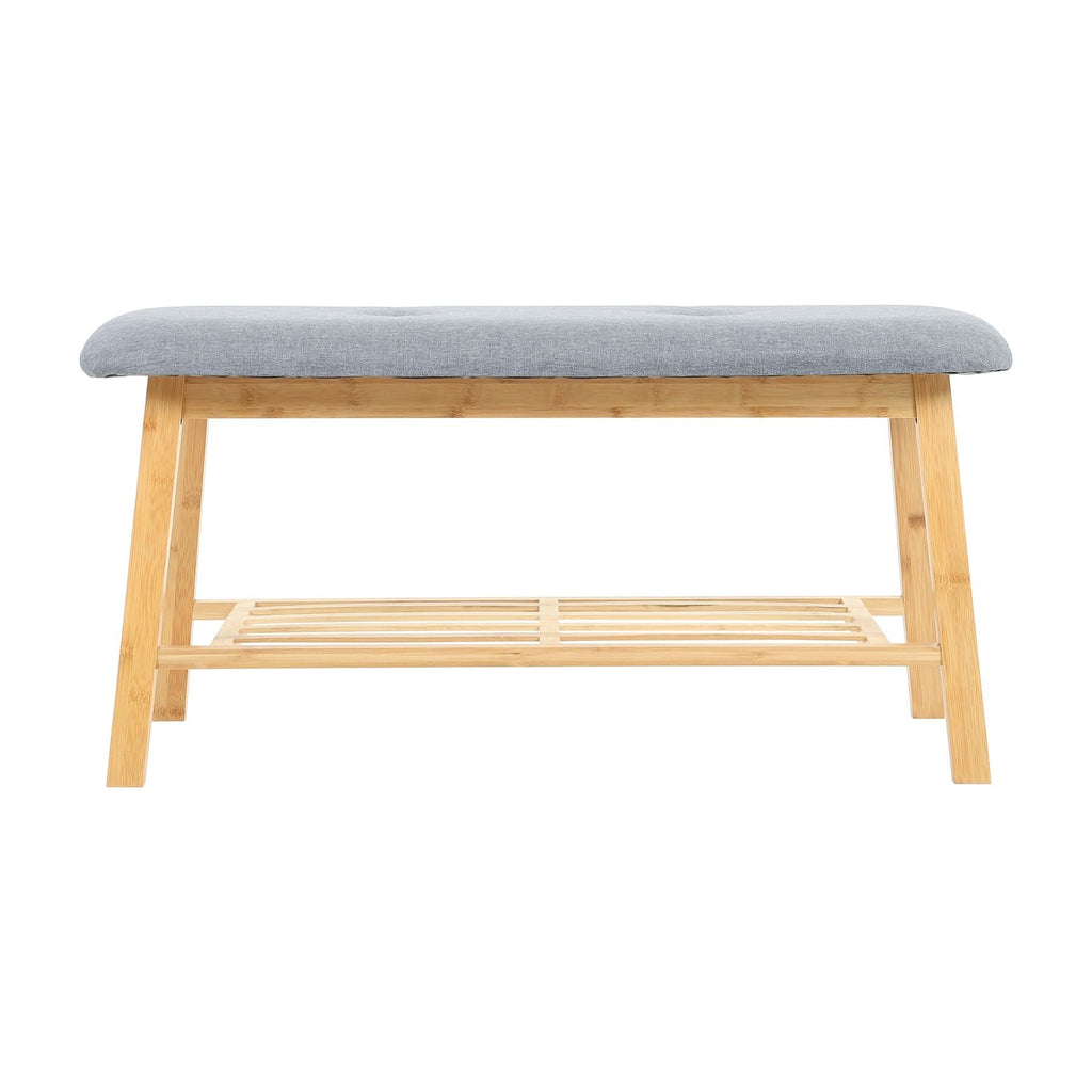 Natural Bamboo Shoe Bench With Grey Fabric Cushion Hallway Storage Organiser