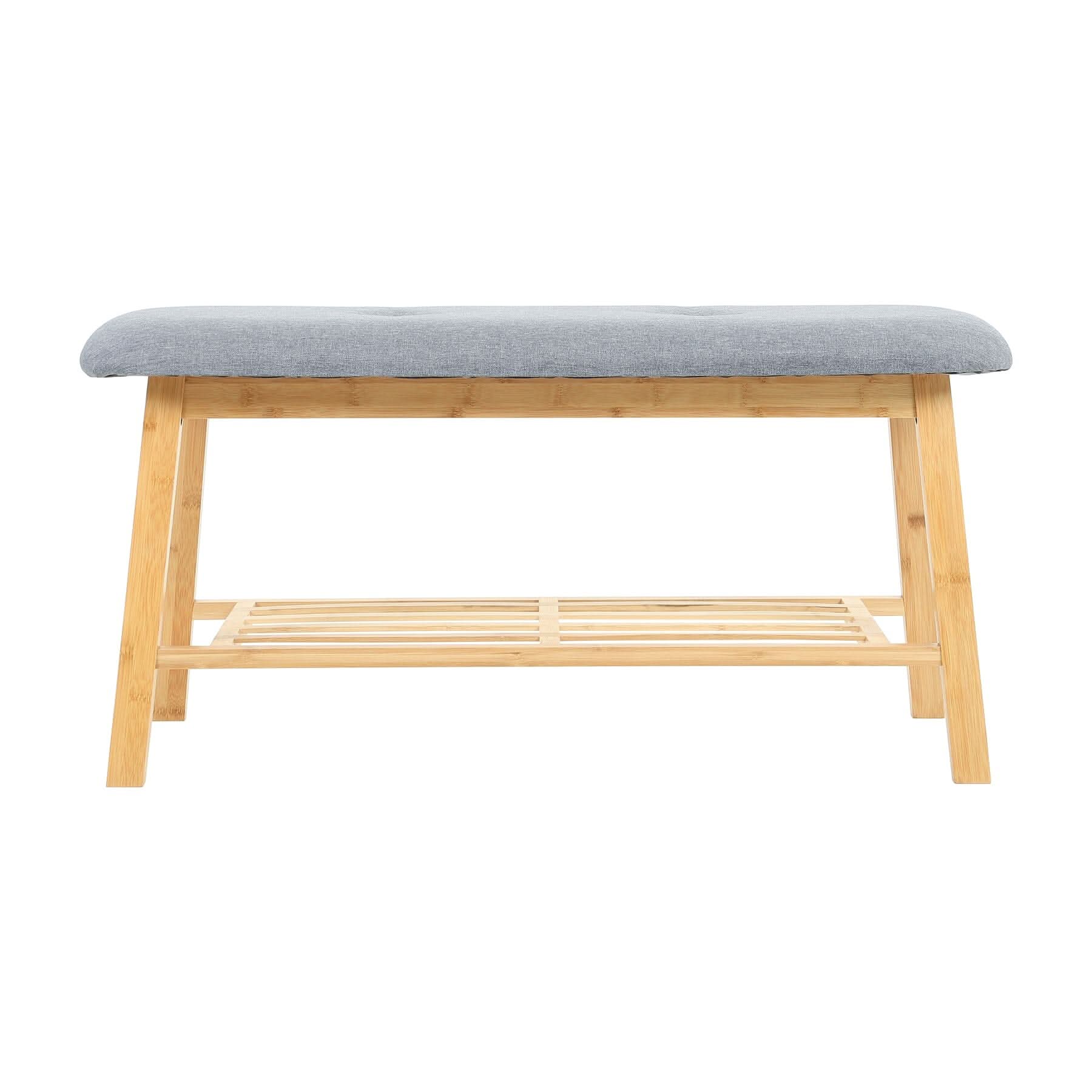 Natural Bamboo Shoe Bench With Grey Fabric Cushion Hallway Storage Organiser