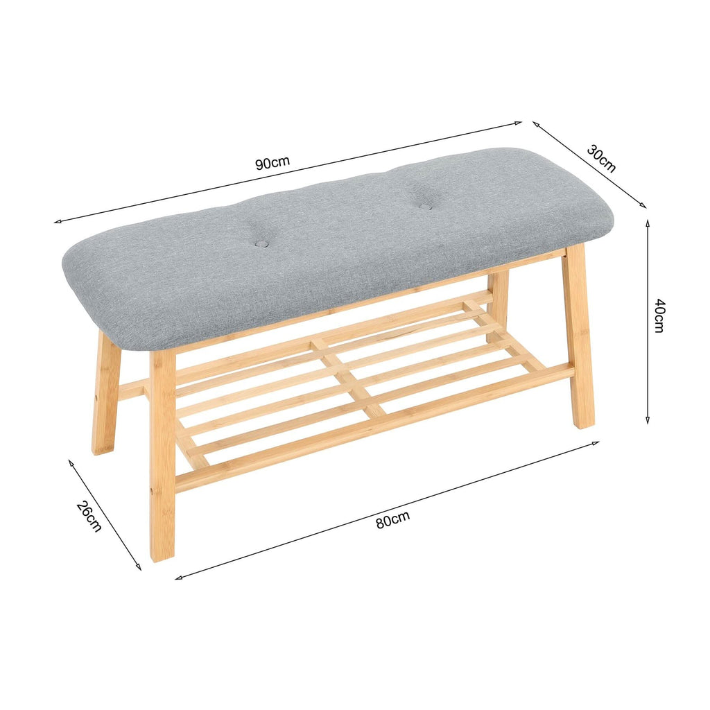 Natural Bamboo Shoe Bench With Grey Fabric Cushion Hallway Storage Organiser