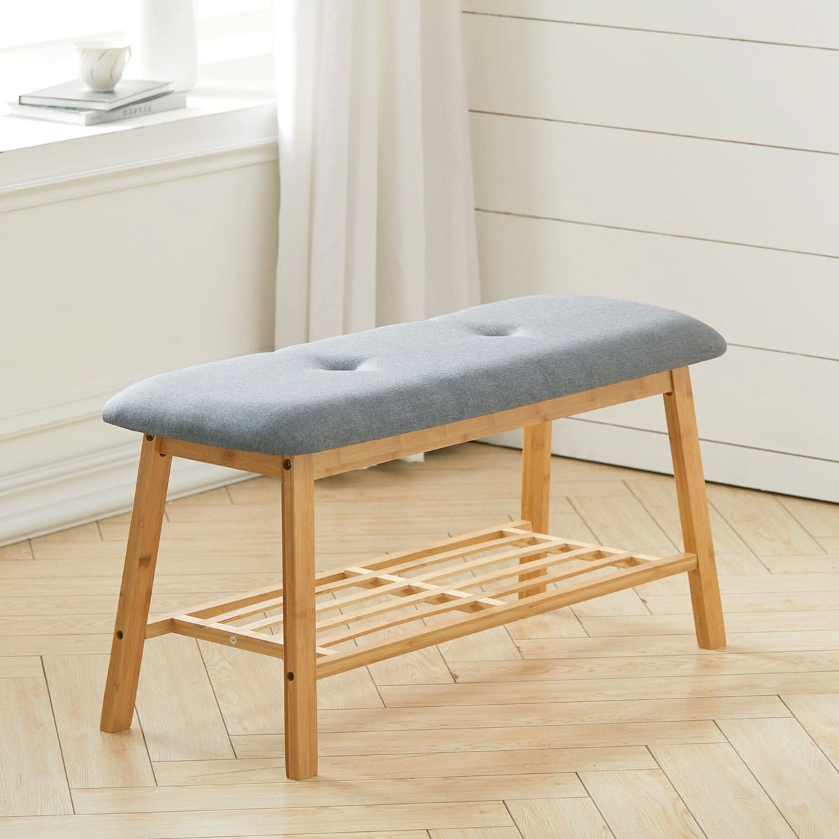 Natural Bamboo Shoe Bench With Grey Fabric Cushion Hallway Storage Organiser