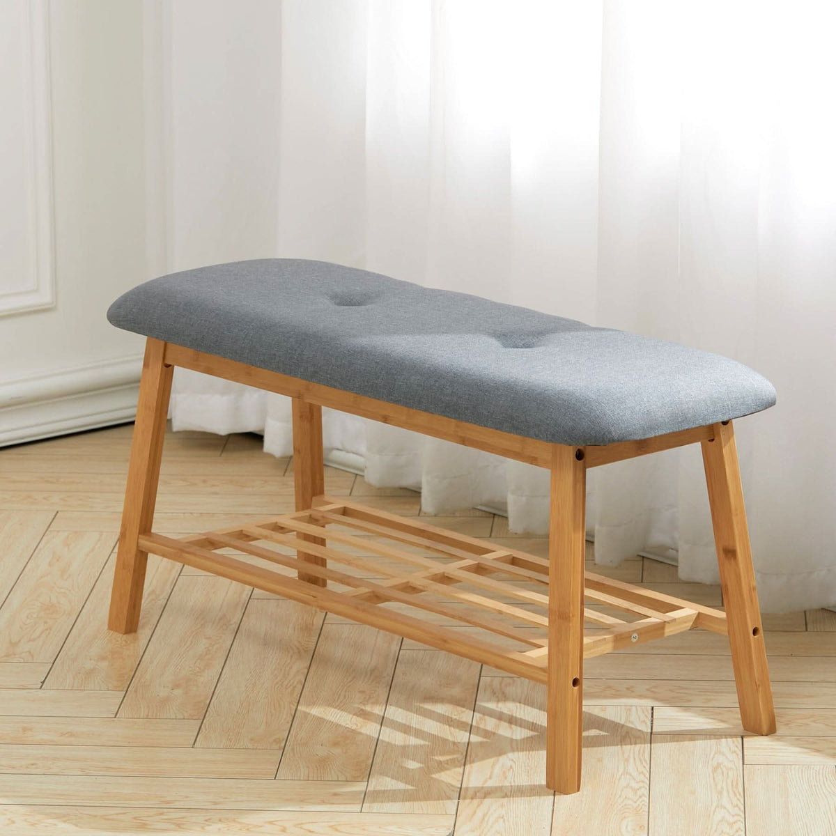 Natural Bamboo Shoe Bench With Grey Fabric Cushion Hallway Storage Organiser