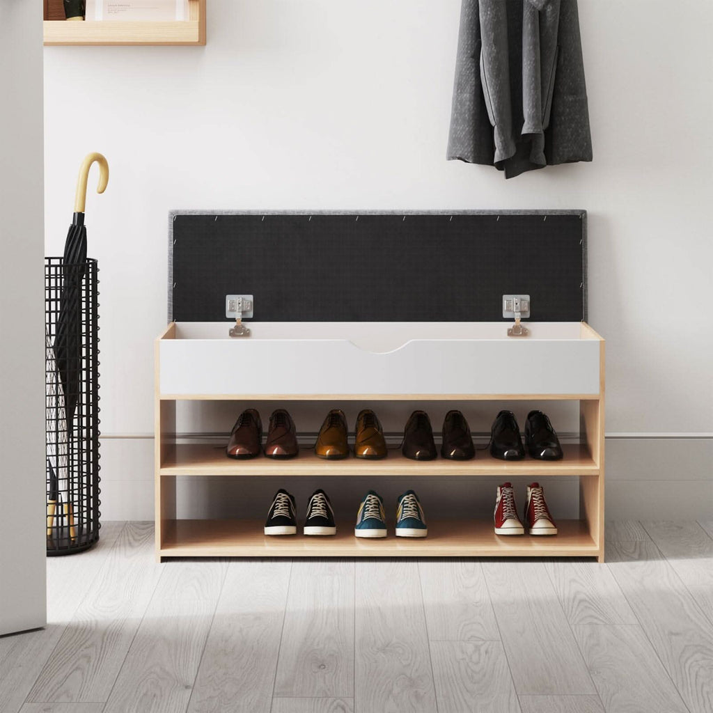Shoe Storage Bench With Flip-Top Cushion & Open Shelves Hallway Organiser