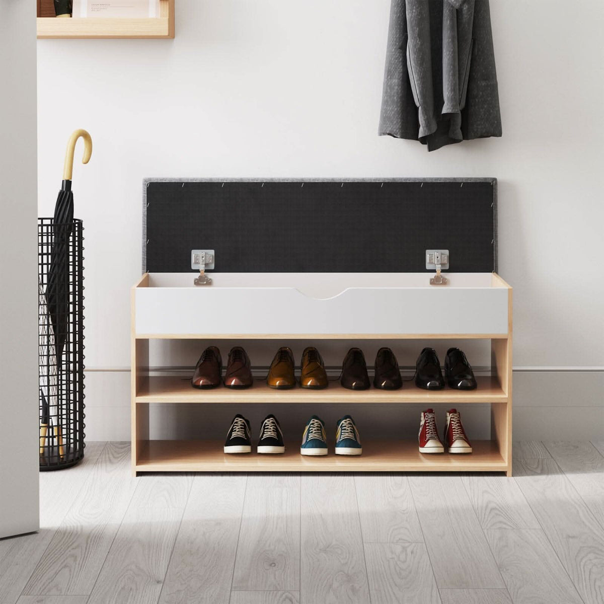 Shoe Storage Bench With Flip-Top Cushion & Open Shelves Hallway Organiser