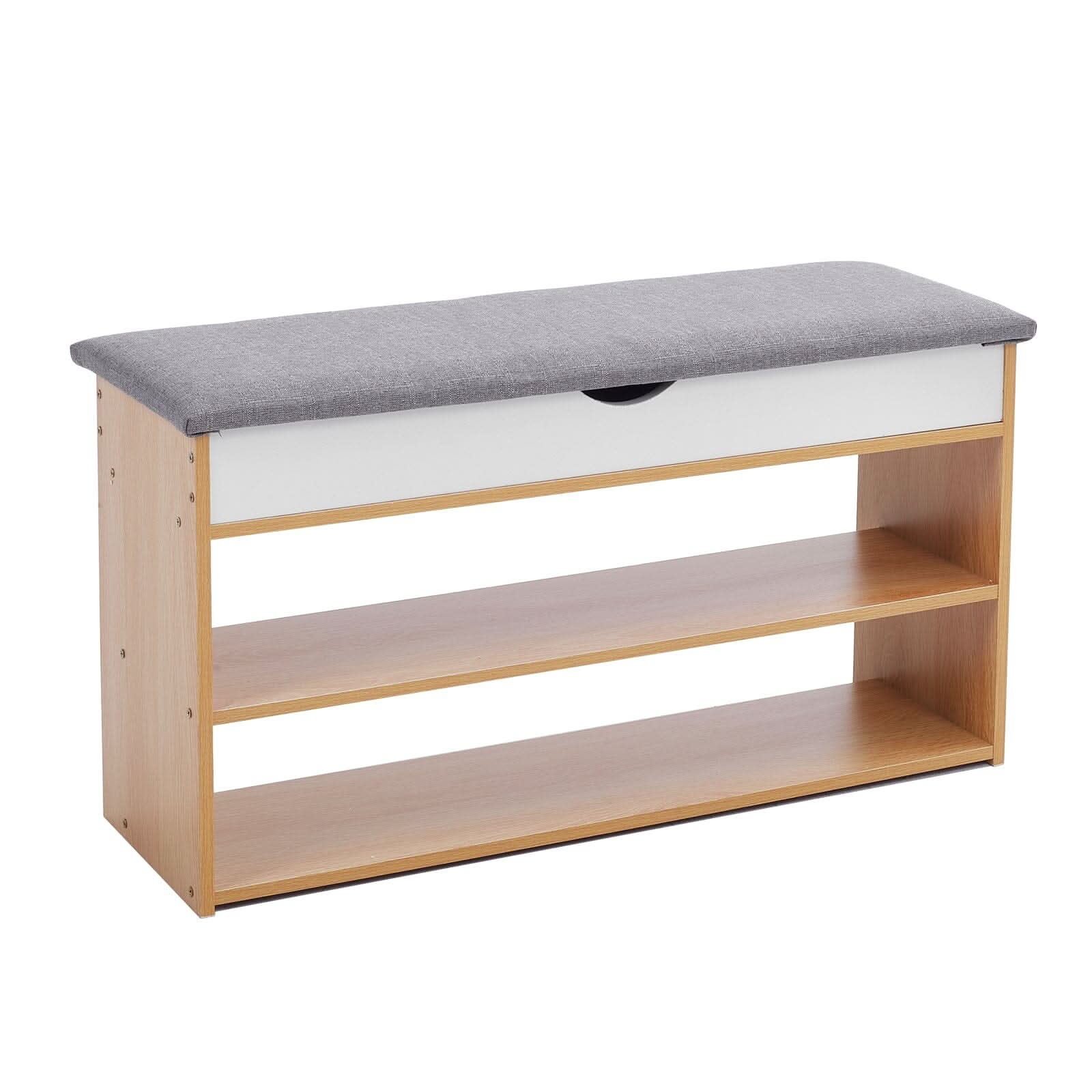 Shoe Storage Bench With Flip-Top Cushion & Open Shelves Hallway Organiser