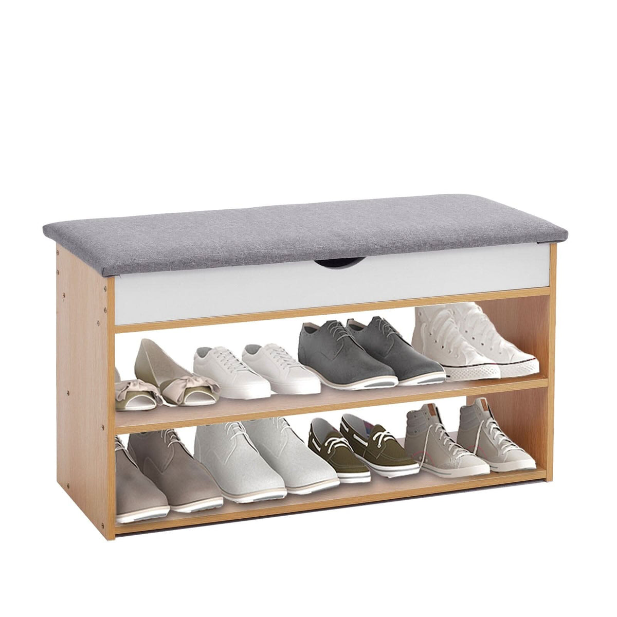 Shoe Storage Bench With Flip-Top Cushion & Open Shelves Hallway Organiser