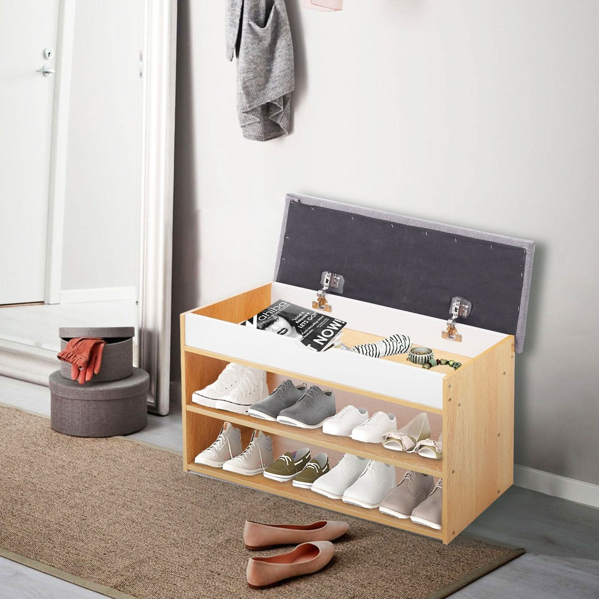 Shoe Storage Bench With Flip-Top Cushion & Open Shelves Hallway Organiser