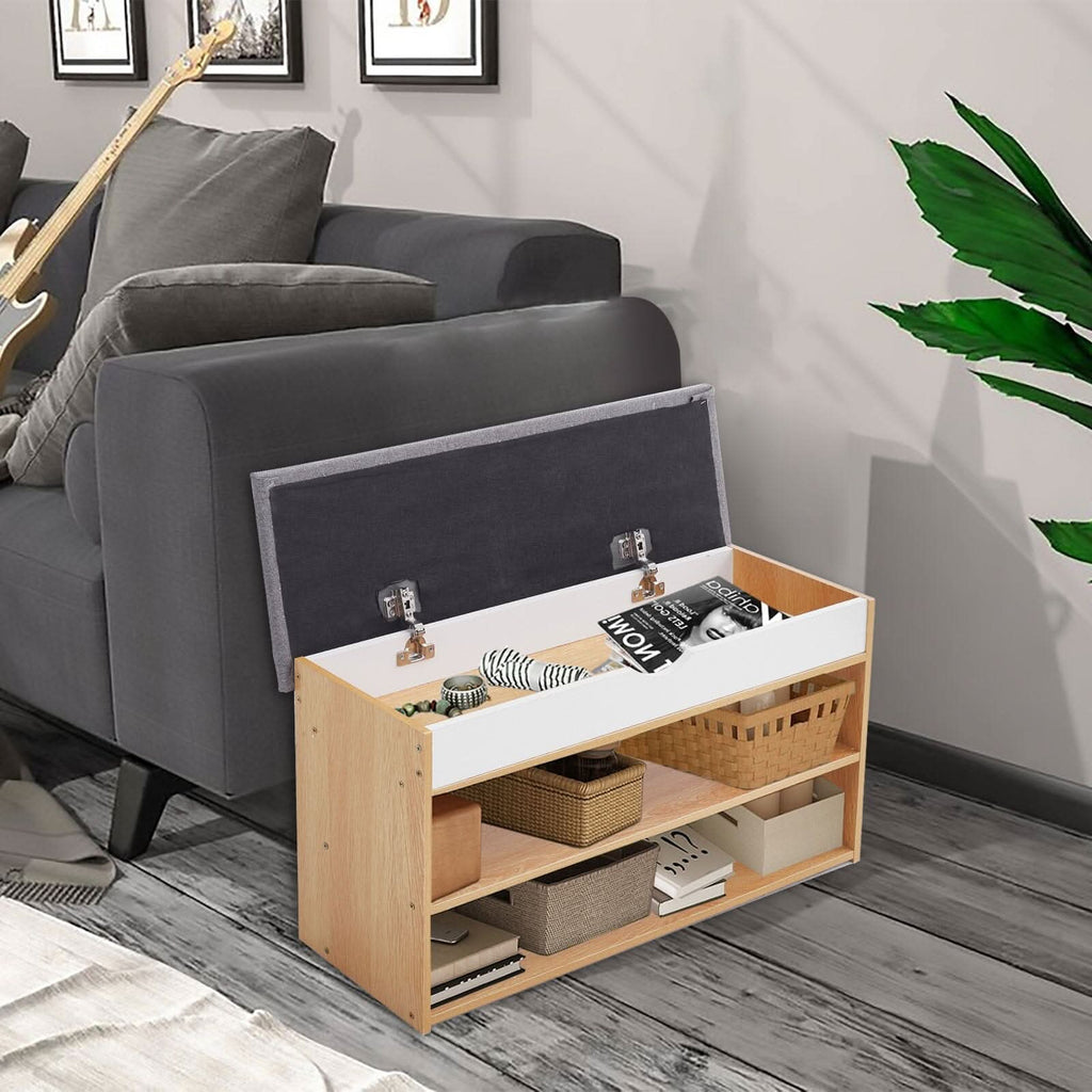 Shoe Storage Bench With Flip-Top Cushion & Open Shelves Hallway Organiser