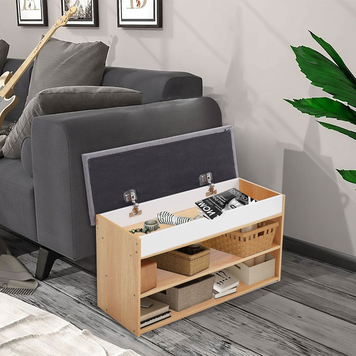 Shoe Storage Bench With Flip-Top Cushion & Open Shelves Hallway Organiser