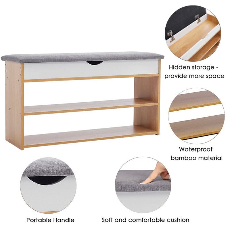 Shoe Storage Bench With Flip-Top Cushion & Open Shelves Hallway Organiser