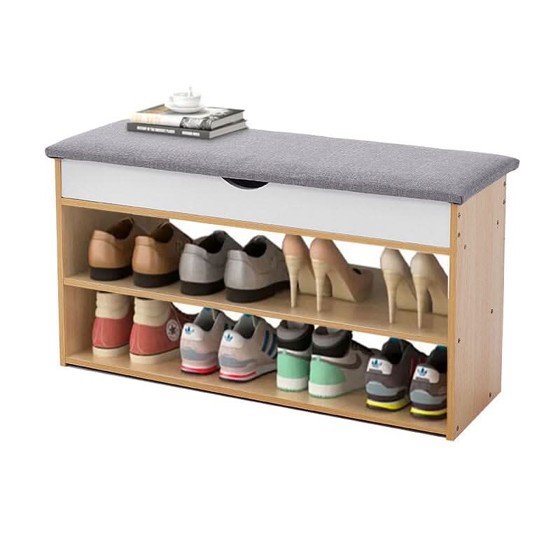 Shoe Storage Bench With Flip-Top Cushion & Open Shelves Hallway Organiser
