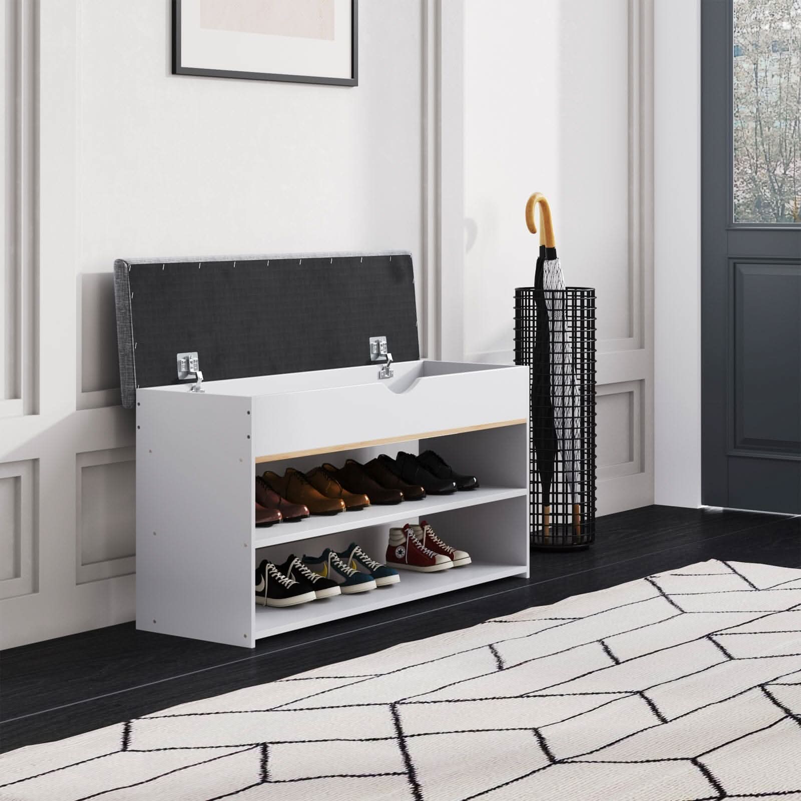 Shoe Storage Bench With Flip-Top Cushion & Open Shelves Hallway Organiser