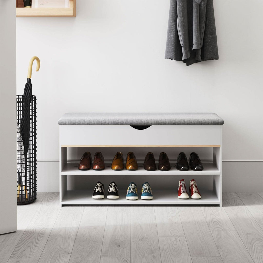 Shoe Storage Bench With Flip-Top Cushion & Open Shelves Hallway Organiser