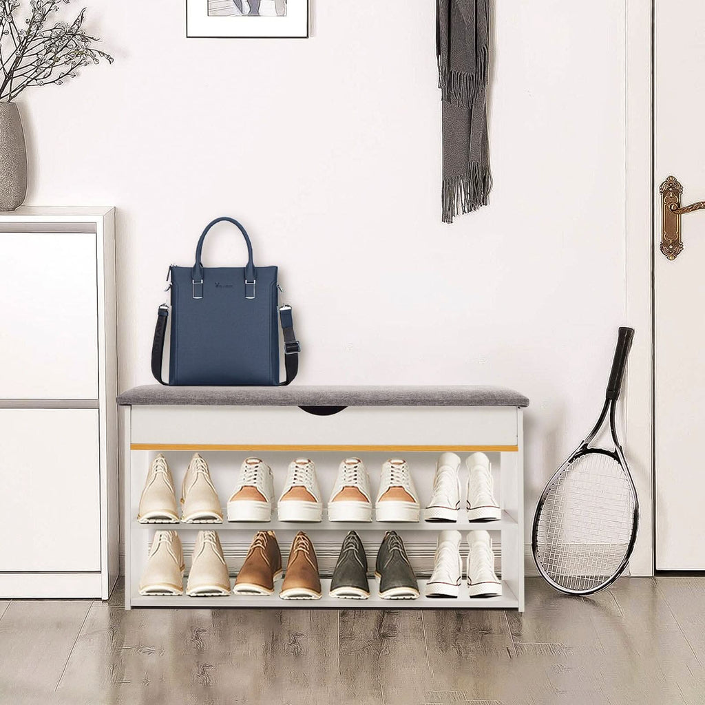Shoe Storage Bench With Flip-Top Cushion & Open Shelves Hallway Organiser