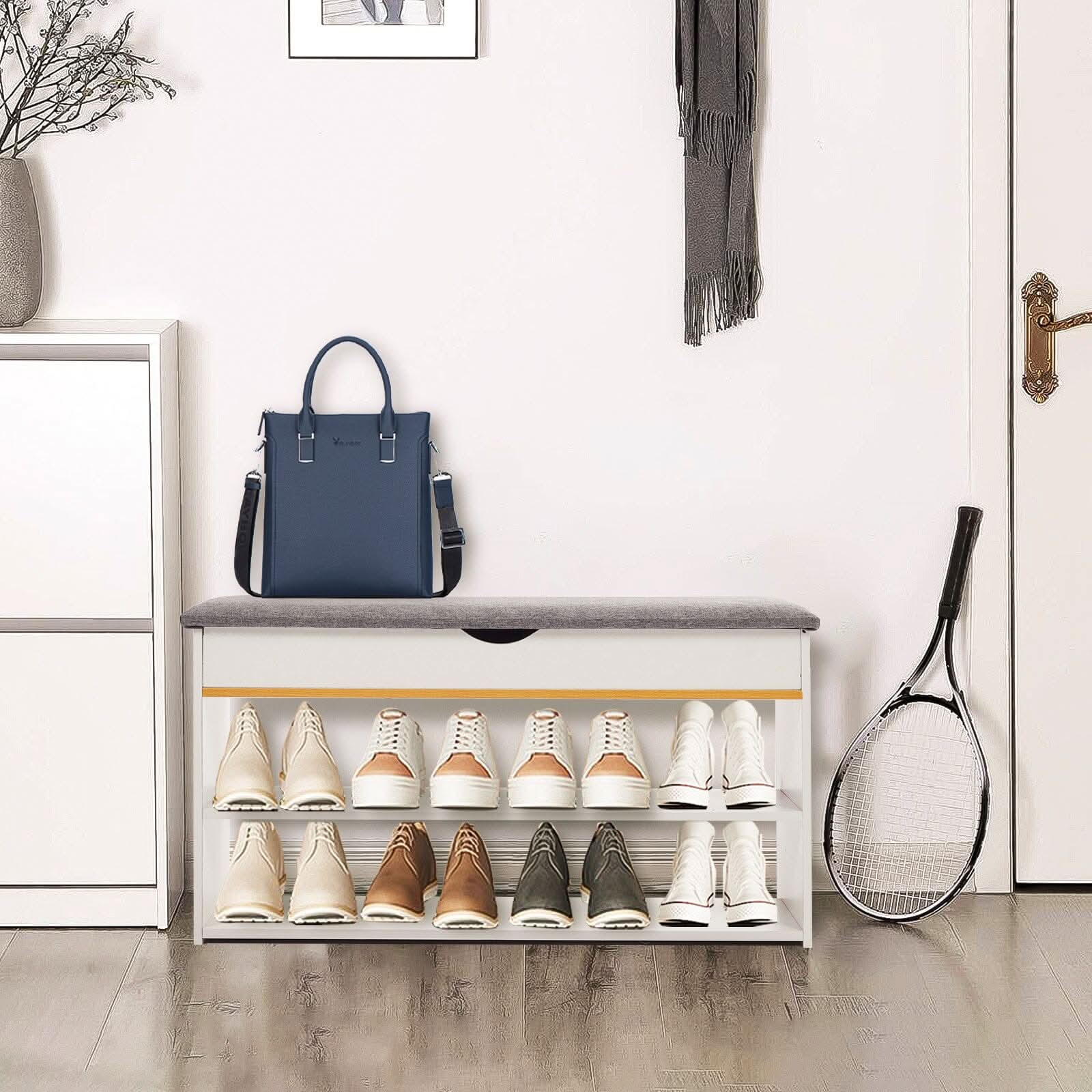 Shoe Storage Bench With Flip-Top Cushion & Open Shelves Hallway Organiser
