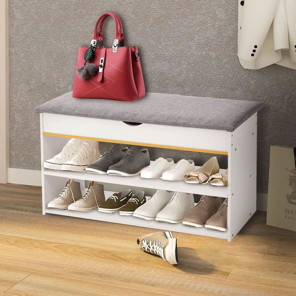 Shoe Storage Bench With Flip-Top Cushion & Open Shelves Hallway Organiser