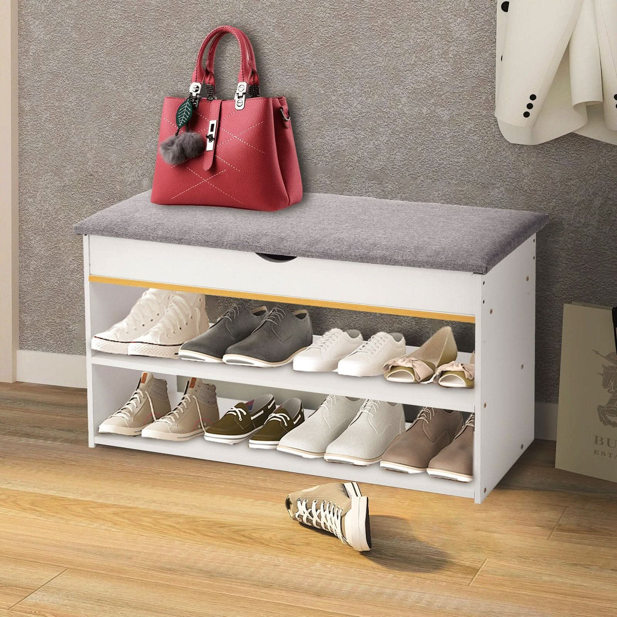 Shoe Storage Bench With Flip-Top Cushion & Open Shelves Hallway Organiser