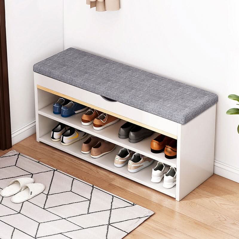 Shoe Storage Bench With Flip-Top Cushion & Open Shelves Hallway Organiser