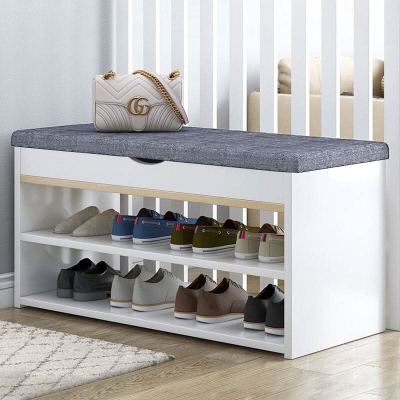 Shoe Storage Bench With Flip-Top Cushion & Open Shelves Hallway Organiser