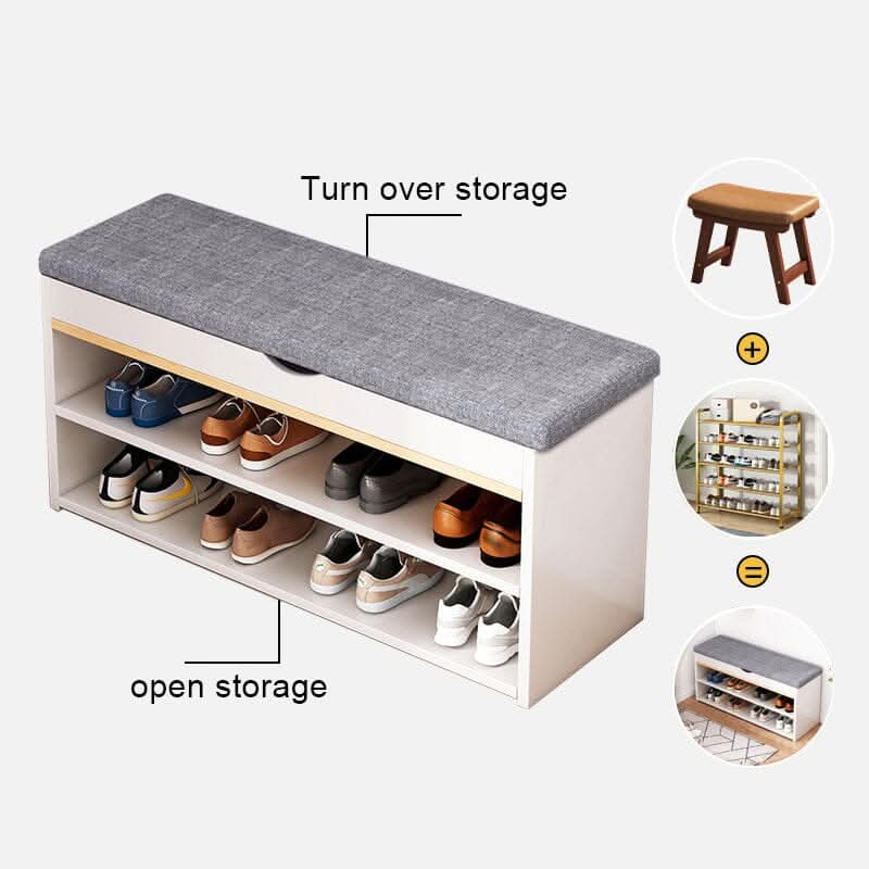 Shoe Storage Bench With Flip-Top Cushion & Open Shelves Hallway Organiser