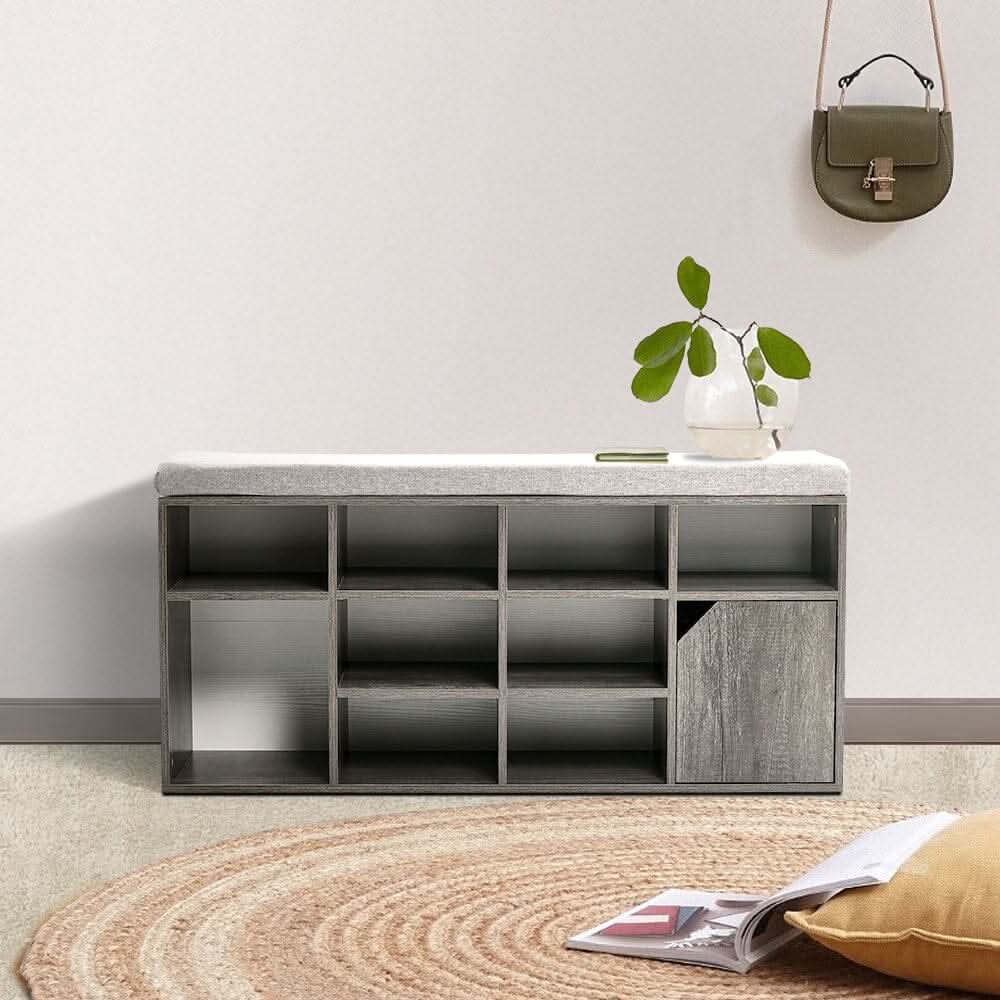 Wood Effect Shoe Storage Bench With Linen Cushion 10-Compartment Hallway Organiser